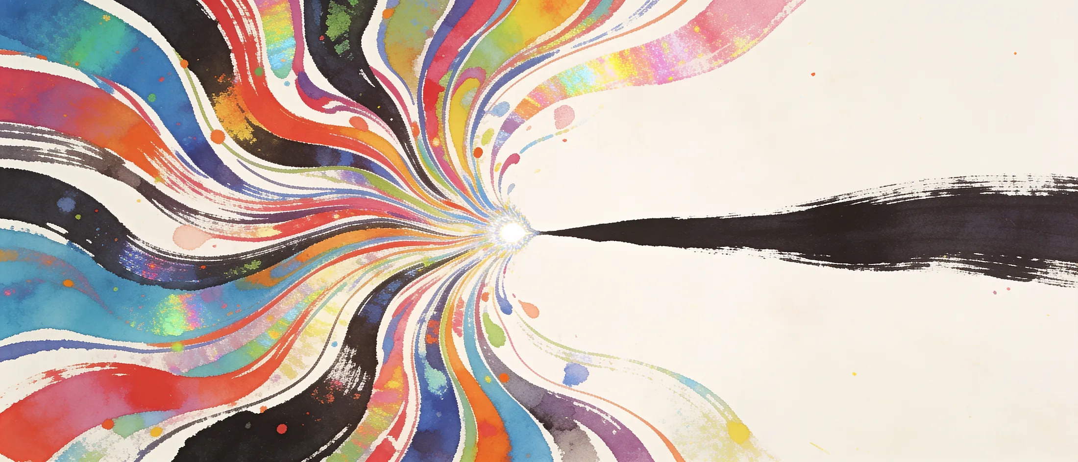 Chaotic multicoloured marbled ink streams converging through one point and leaving as a single clean brushstroke