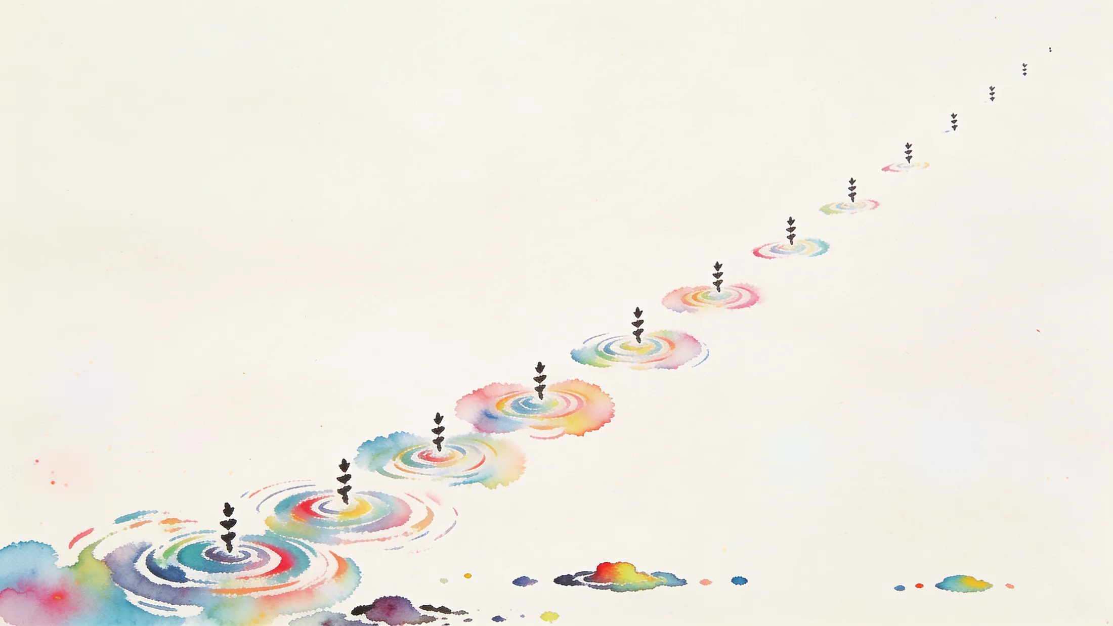 Small hand-inked marks ascending diagonally across paper, watercolour ripples blooming beneath each step, a faint pigment archipelago below