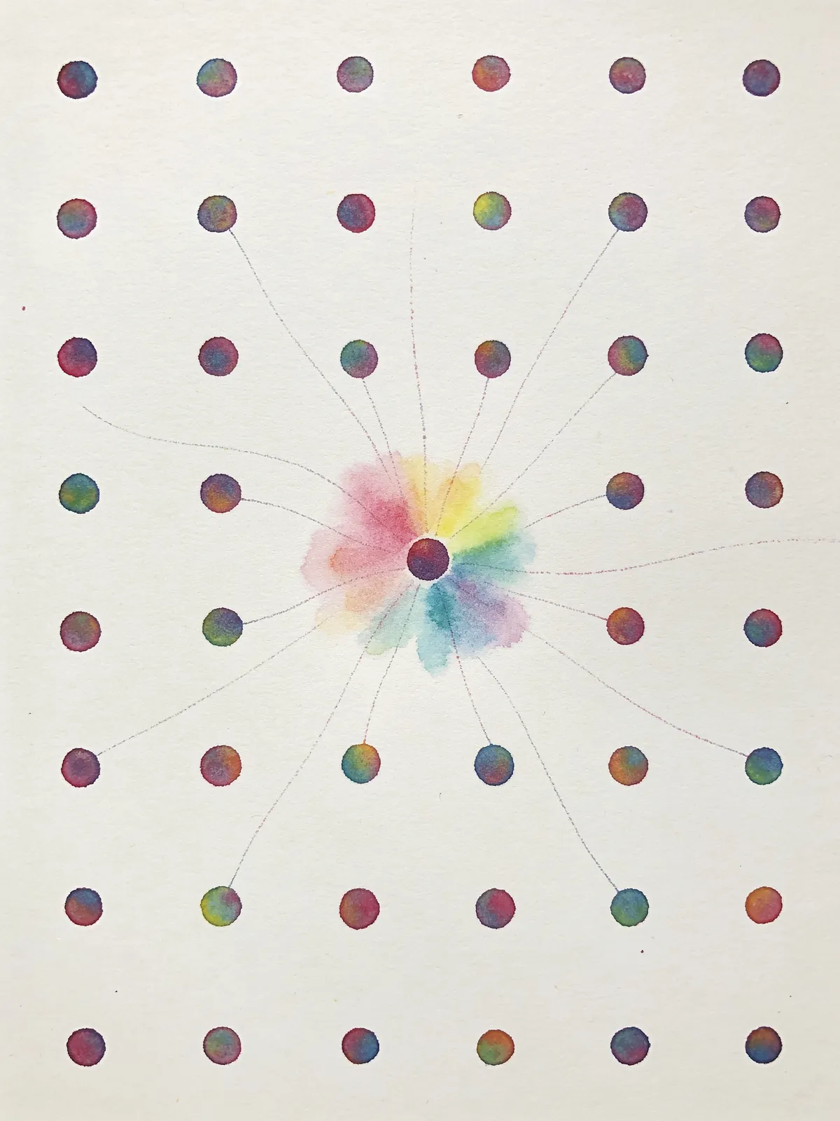 A hand-inked grid of watercolour dots, one blooming into a full prismatic burst — one specialist lit up for the task